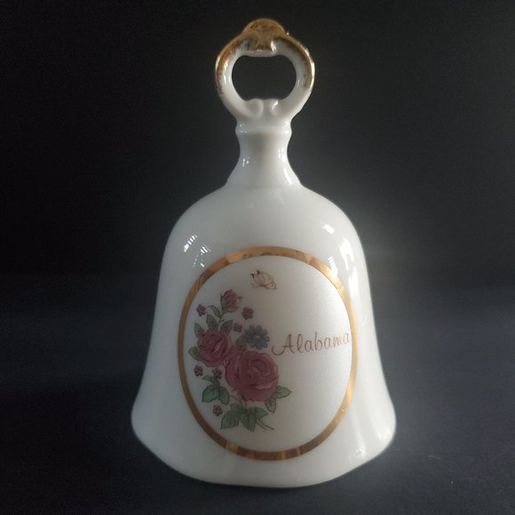 24K Gold Accent 70s White Porcelain Floral Bell feat. Alabama Collectible Floral - Picture 1 of 6